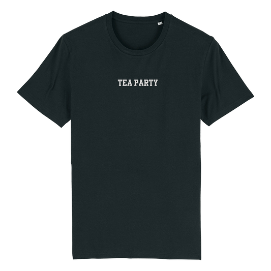 Dark green t-shirt with ’TEA PARTY’ printed in white text on the chest.