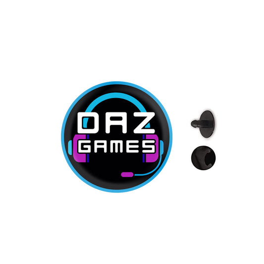 Circular logo for ’DAZ GAMES’ with a headset icon and two small black objects beside it.