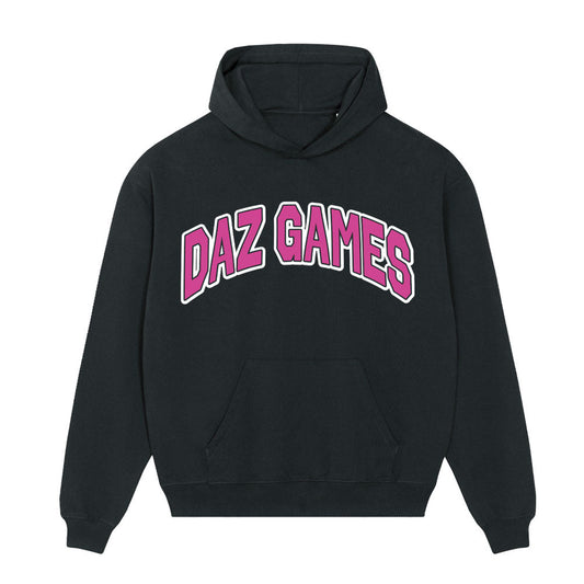 Black hoodie with ’DAZ GAMES’ printed in pink and white lettering on the front.