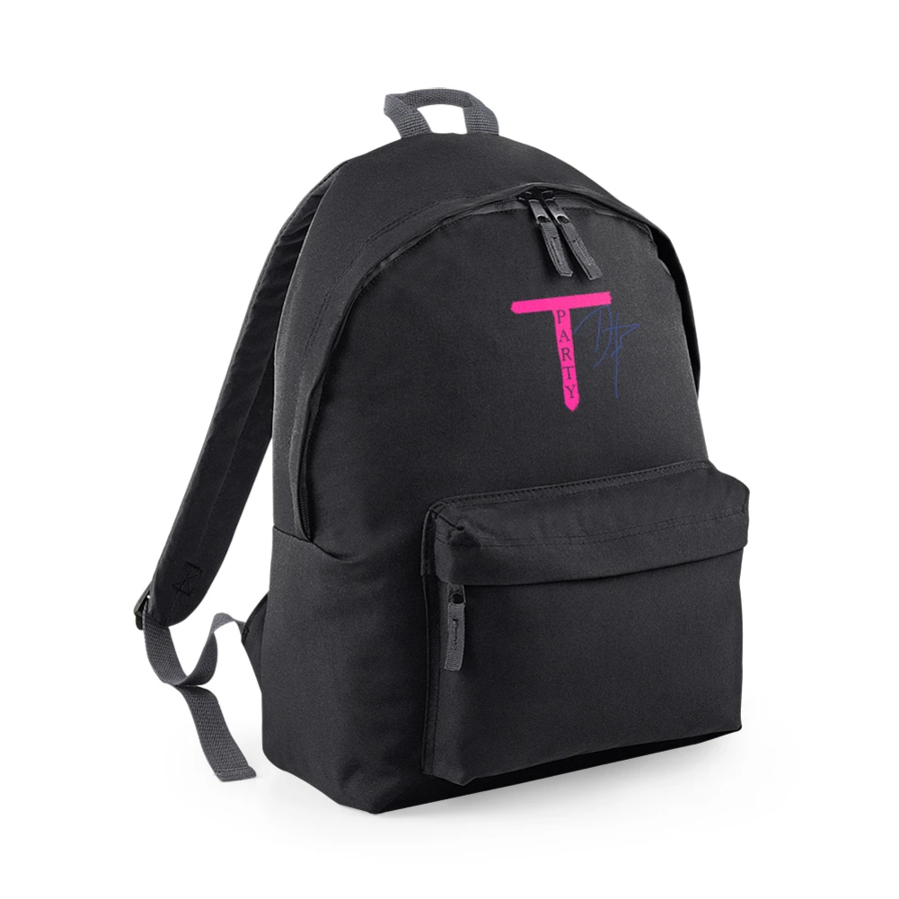 Black backpack with a pink ’T’ logo on the front pocket.