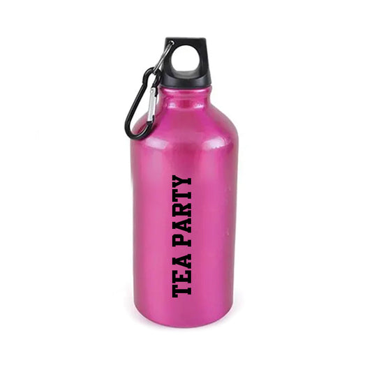 Pink metal water bottle with ’TEA PARTY’ printed on it and a carabiner attached to the lid.