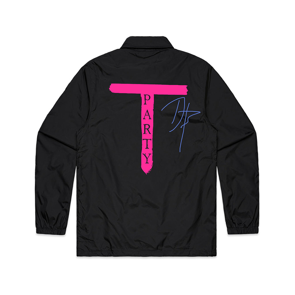 Black jacket with pink ’PARTY’ text and a blue signature on the back.