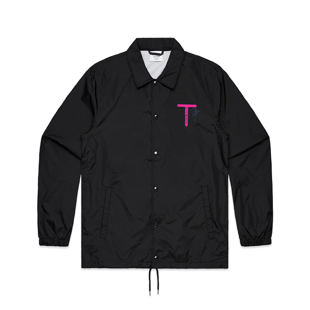 Black jacket with a pink ’T’ logo on the chest.