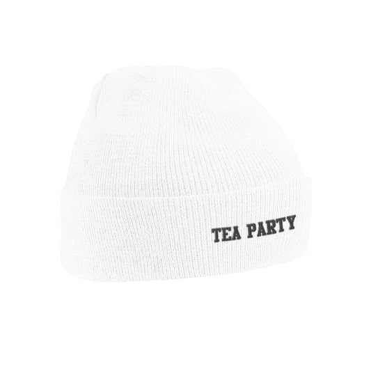 White knit beanie with ’TEA PARTY’ text embroidered on it.